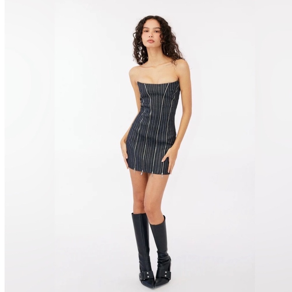 WITH‎ JEAN Mirabel Pinstripe Dress Black Mini Zipper Size Small